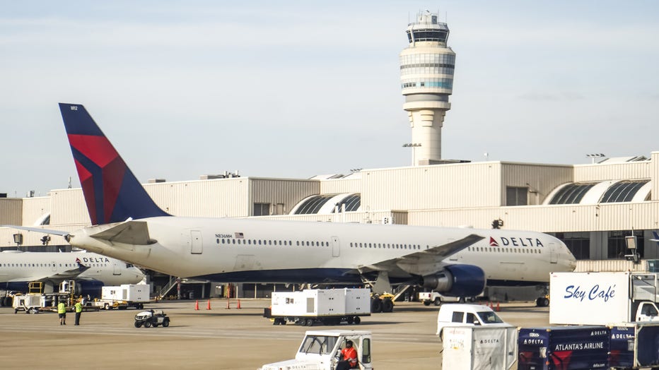 Delta airlines airplanes are seen parked at Hartsfield-