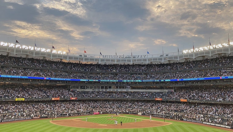 An early evening view of Yankee Stadium from above the bleachers