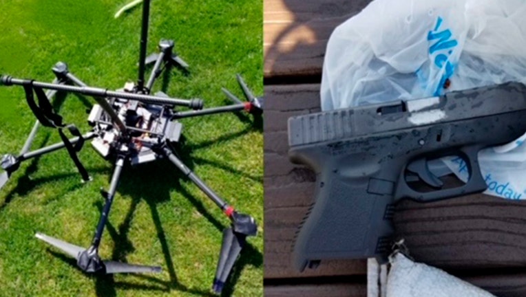 A six-rotor drone (left photo) and a semiauto handgun on top of a plastic bag (right photo)