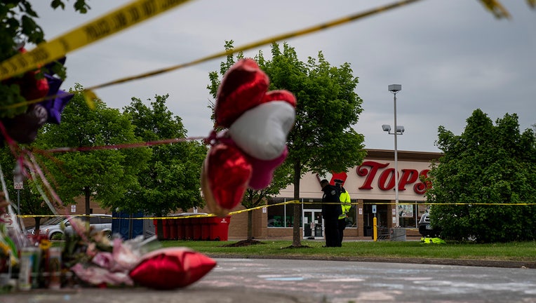 The scene of a mass shooting at Tops Friendly Market in Buffalo, NY. (Kent Nishimura / Los Angeles Times via Getty Images)