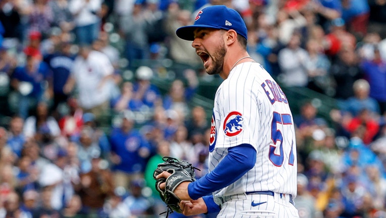 Reliever Scott Effross wears a blue and white Cubs uniform