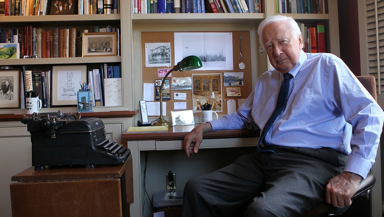 Historian David McCullough in his study where he typed on his 75 year old manuel typewritter. (Photo by Joanne Rathe/The Boston Globe via Getty Images)