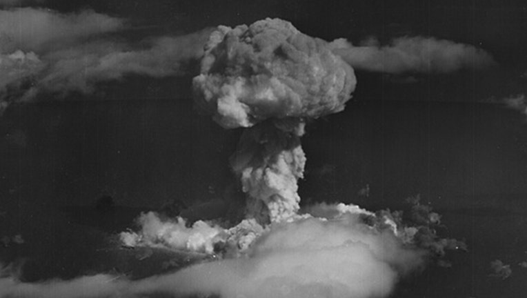 Black-and-white photo of a nuclear explosion mushroom cloud over Bikini Atoll in Marshall Islands