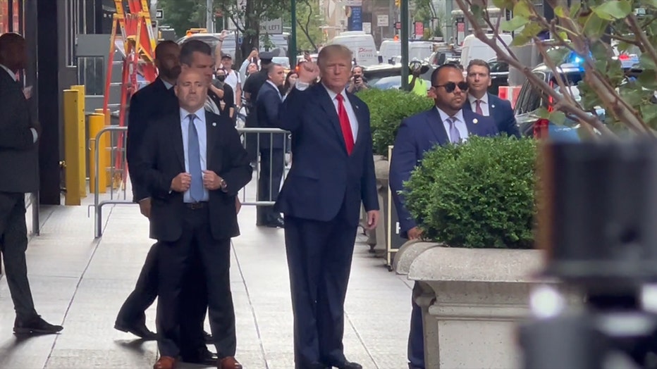 President Trump gestures to the crowd as he leaves Trump Tower in Manhattan on Aug. 10, 2022. (FOX5NY)