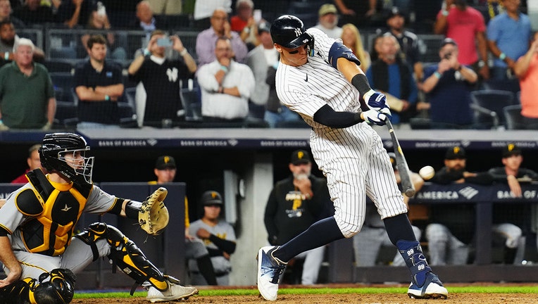 Aaron Judge of the New York Yankees hits his 60th home run of the season in the ninth inning during the game between the Pittsburgh Pirates and the New York Yankees at Yankee Stadium on Tuesday, September 20, 2022. (Photo by Daniel Shirey/MLB Photos via Getty Images)