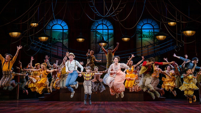 Hugh Jackman and Sutton Foster and the cast of 'The Music Man' (Photo by Joan Marcus)