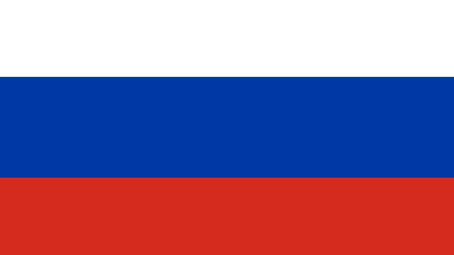 The flag of Russia; 3 horizontal bands, white, blue and red from top to bottom