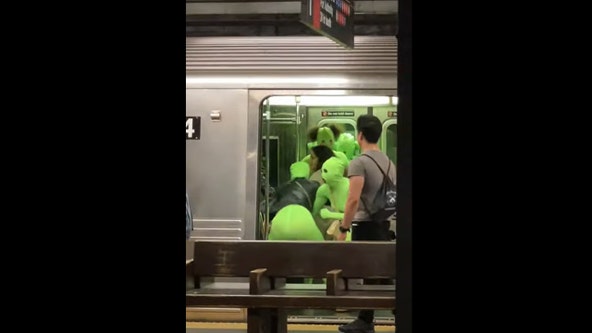 'Aliens' in neon leotards assault teens on NYC subway train