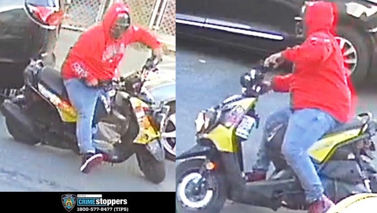 2 photos showing a man in a red hooded sweatshirt on a yellow moped