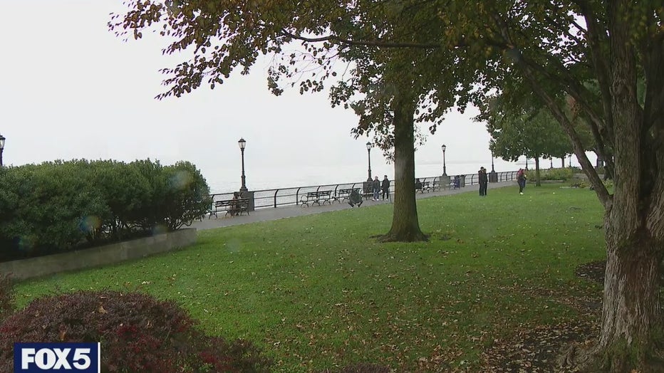 Grass, trees, benches, bushes, and lampposts along the water