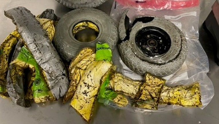 Packets of cocaine found inside the wheels of a wheelchair at JFK Airport.