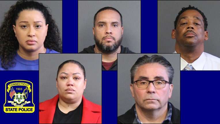 5 booking photos; Connecticut State Police logo