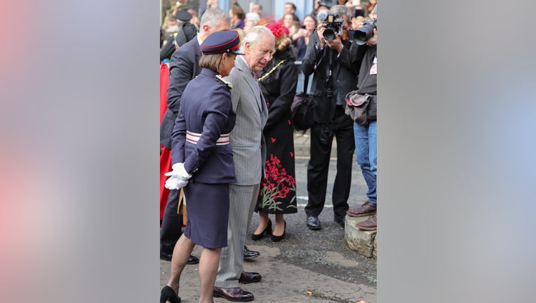 A broken egg seen on the ground after being thrown by a member of the public as King Charles III and Camilla, Queen Consort arrive for the Welcoming Ceremony to the City of York at Micklegate Bar during an official visit to Yorkshire on November 09, 2022 in York, England