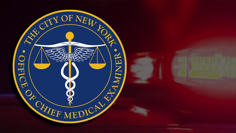 A seal that reads The City of New York Office of the Chief Medical Examiner over a background showing red emergency lights