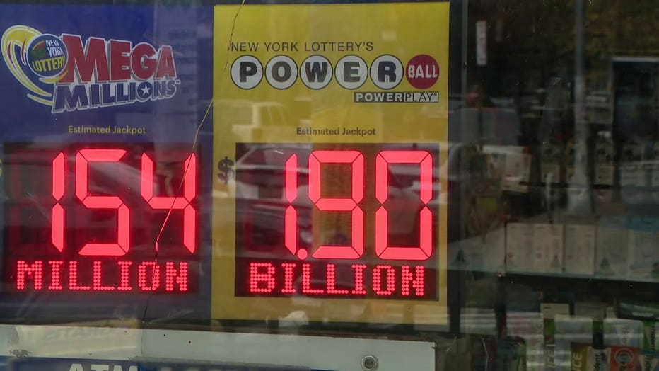 A store displays the $1.9 billion Powerball jackpot sign.