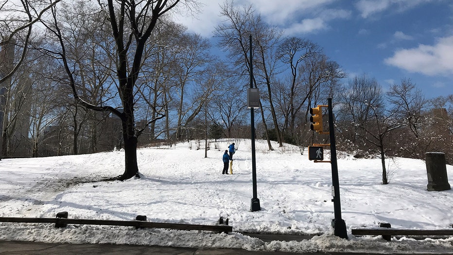 People with sleds on a snowy hill in Central Park