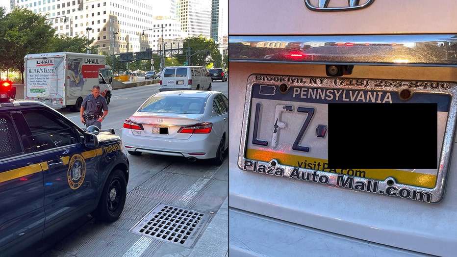 A New York state trooper pulled over a car with a defaced license plate