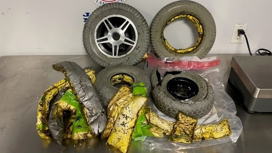 Packets of cocaine found inside the wheels of a wheelchair at JFK Airport. (U.S. Customs and Border Protection)