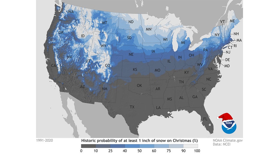 A US map showing showing the historic probability of a White Christmas based on data from 1991–2020