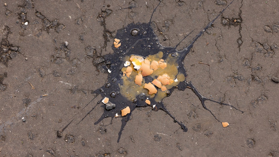 A broken egg seen on the ground after being thrown by a member of the public as King Charles III and Camilla, Queen Consort arrive for the Welcoming Ceremony to the City of York at Micklegate Bar during an official visit to Yorkshire on November 09, 2022 in York, England. (Photo by Chris Jackson/Getty Images)