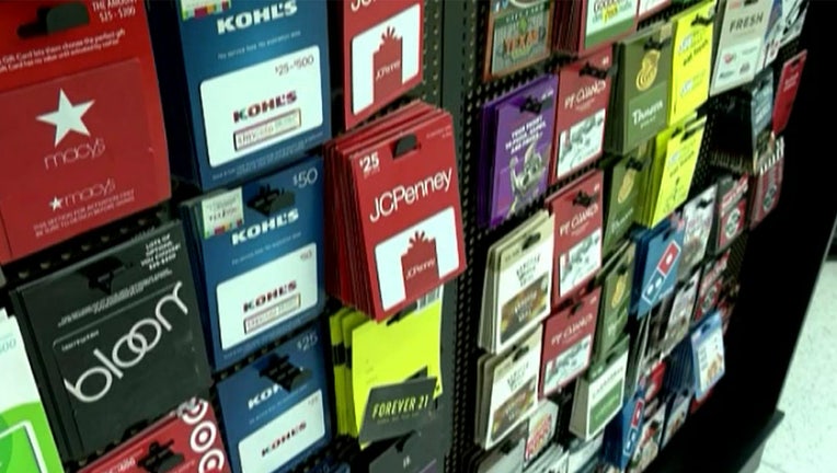 A file image shows gift cards for sale in a store.