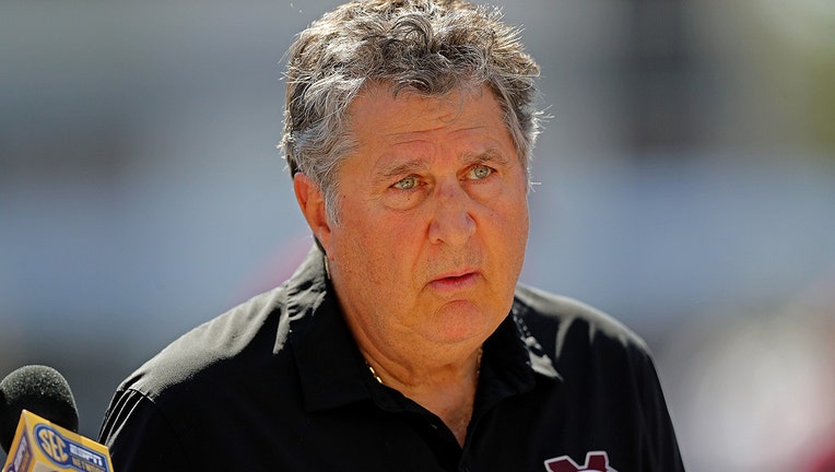 Head coach Mike Leach of the Mississippi State Bulldogs. during the game against the Arkansas Razorbacks at Davis Wade Stadium on October 08, 2022 in Starkville, Mississippi. 