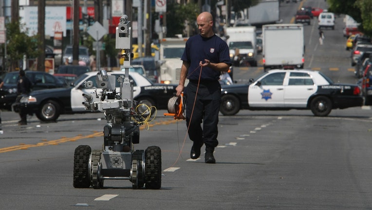 The San Francisco Police bomb investigating robot is shown in action in this file photo.(Photo By Michael Macor/The San Francisco Chronicle via Getty Images)