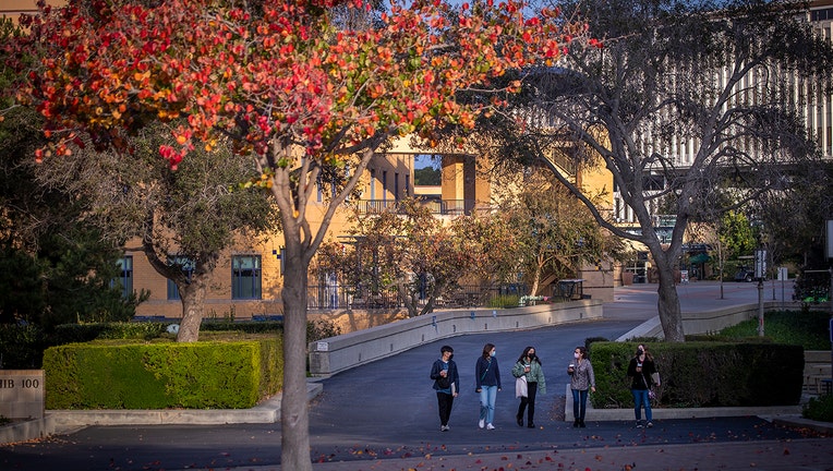 Students, faculty and others walk down a campus path amidst a mostly empty University of California-Irvine campus Friday, Jan. 7, 2022.(Allen J. Schaben / Los Angeles Times via Getty Images)