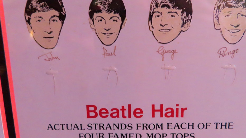 Display showing strands of hair under images of the members of the Beatles