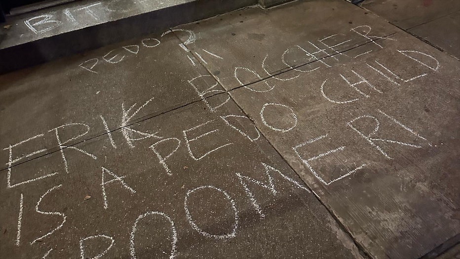 Graffitti is seen on the ground outside of NYC Council Member Erik Bottcher's Manhattan building.