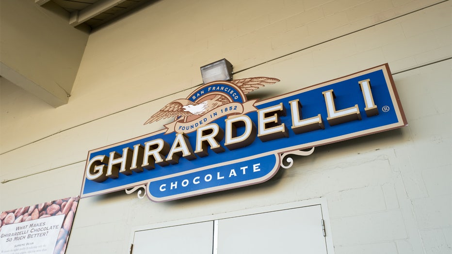Sign with logo for iconic San Francisco gourmet chocolate company Ghirardelli at the company's factory and headquarters in San Leandro, California, September 10, 2018. (Photo by Smith Collection/Gado/Getty Images)