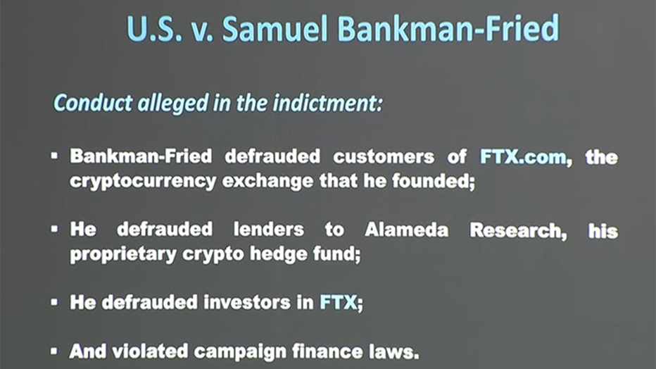 Federal authorities displayed this poster summarizing accusations against Samuel Bankman-Fried