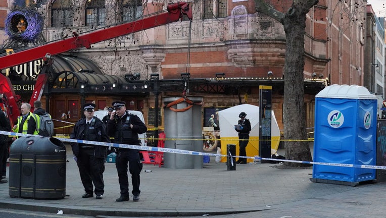 A police tent is erected at Cambridge Circus on the junction between Shaftesbury Avenue and Charing Cross Road in London, after a man died after being crushed by a telescopic urinal. (Photo by Jonathan Brady/PA Images via Getty Images)