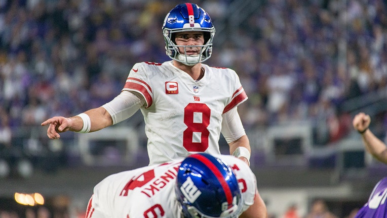 New York Giants quarterback Daniel Jones (8) looks on before a snap during the NFL game between the New York Giants and Minnesota Vikings on January 15th, 2023, at U.S. Bank Stadium in Minneapolis, MN. (Photo by Bailey Hillesheim/Icon Sportswire via Getty Images)