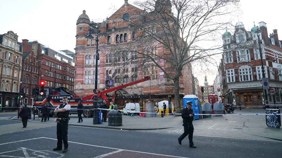 A police tent is erected at Cambridge Circus on the junction between Shaftesbury Avenue and Charing Cross Road in London, after a man died after being crushed by a telescopic urinal. Fire crews said the man has been freed and is in the care of the London Ambulance Service. Roads in the area have been closed. Picture date: Friday January 27, 2023. (Photo by Jonathan Brady/PA Images via Getty Images)
