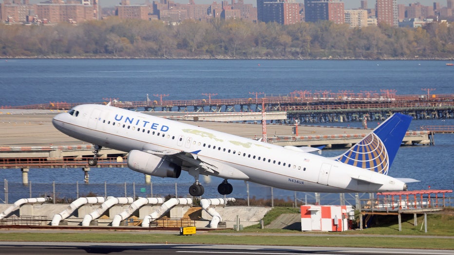 NEW YORK, NEW YORK - NOVEMBER 10: A United Airlines jet takes off at Laguardia AIrport on November 10, 2022 in the Queens borough of New York City. The airline industry has rebounded this year and is looking forward to a busy holiday season. (Photo by Bruce Bennett/Getty Images)