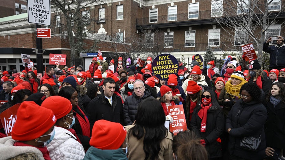 NEW YORK, US - JANUARY 11: Nurses at two of New York City's biggest hospitals are on the third day of their strike over contract negotiations on January 11, 2022. (Photo by Fatih Aktas/Anadolu Agency via Getty Images)