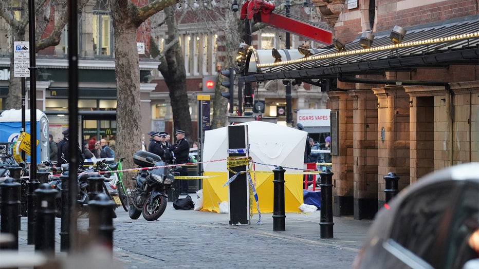 A police tent is erected at Cambridge Circus on the junction between Shaftesbury Avenue and Charing Cross Road in London, after a man has been crushed by a telescopic urinal. Fire crews said the man has been freed and is in the care of the London Ambulance Service. Roads in the area have been closed. Picture date: Friday January 27, 2023. (Photo by Jonathan Brady/PA Images via Getty Images)