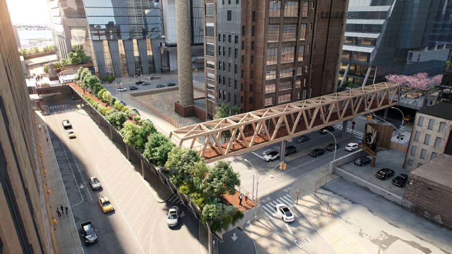 A rendering shows a new section of the High Line under construction in NYC.
