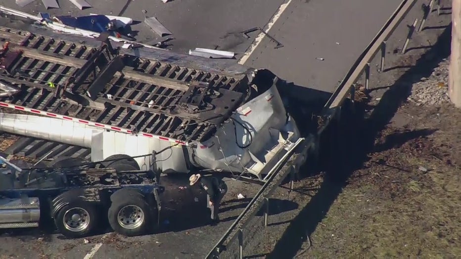 A tractor trailer went off an overpass on the Cross Westchester Expressway (I-287) on Wednesday morning.