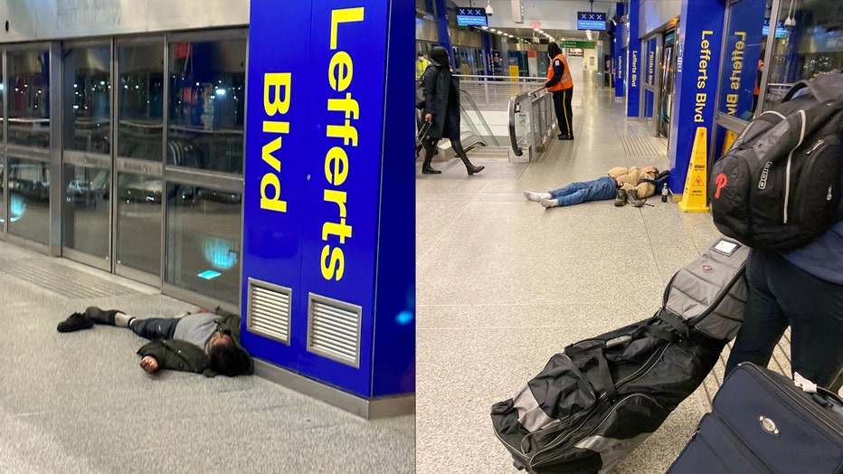 People sleep on the floor at JFK airport.