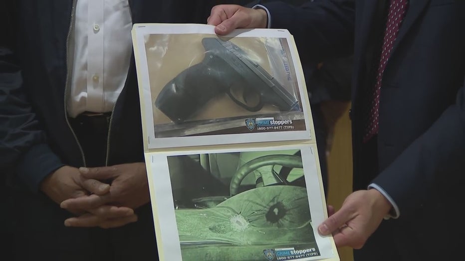 The NYPD showed images of the gun they found on a suspect in a police shooting and a bullet hole through the windshield of the car.