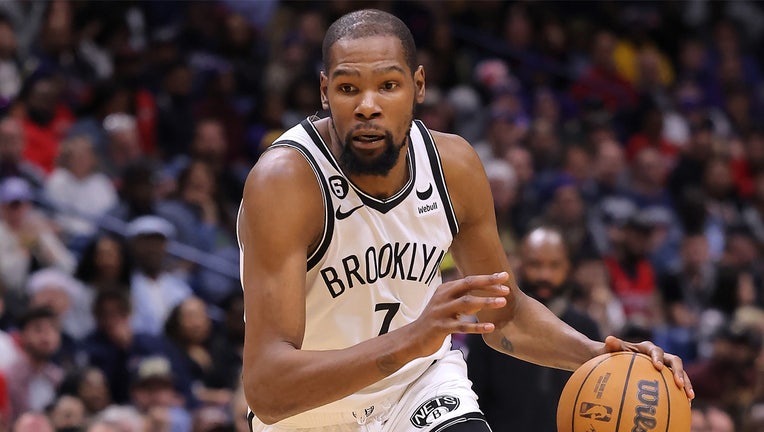 NEW ORLEANS, LOUISIANA - JANUARY 06: Kevin Durant #7 of the Brooklyn Nets drives with the ball against the New Orleans Pelicans during a game at the Smoothie King Center on January 06, 2023 in New Orleans, Louisiana. NOTE TO USER: User expressly acknowledges and agrees that, by downloading and or using this Photograph, user is consenting to the terms and conditions of the Getty Images License Agreement. (Photo by Jonathan Bachman/Getty Images)