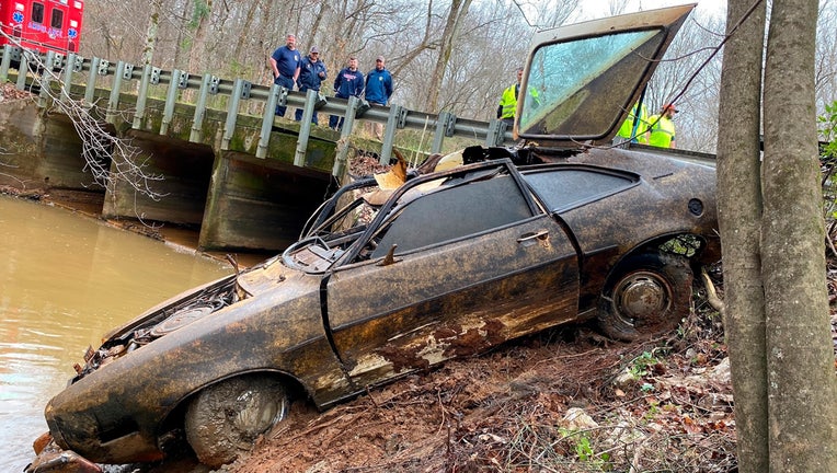 FILE - In this December 2021 photo provided by the Chambers County Sheriff's Department, the 1974 Pinto Kyle Clinkscales was driving when he disappeared in 1976 is recovered from a creek in Alabama. Human bones found inside a submerged car near the Georgia-Alabama state line in 2021 have been matched to Clinkscales, a college student who had been missing for 47 years, according to a Georgia sheriff. The office of Troup County, Ga., Sheriff James Woodruff announced Sunday, Feb. 19, 2023, that forensic tests concluded that the bones found inside the car are Clinkscales' remains. (Maj. Terry "Tj" Wood/Chambers County Sheriff's Department via AP, File)