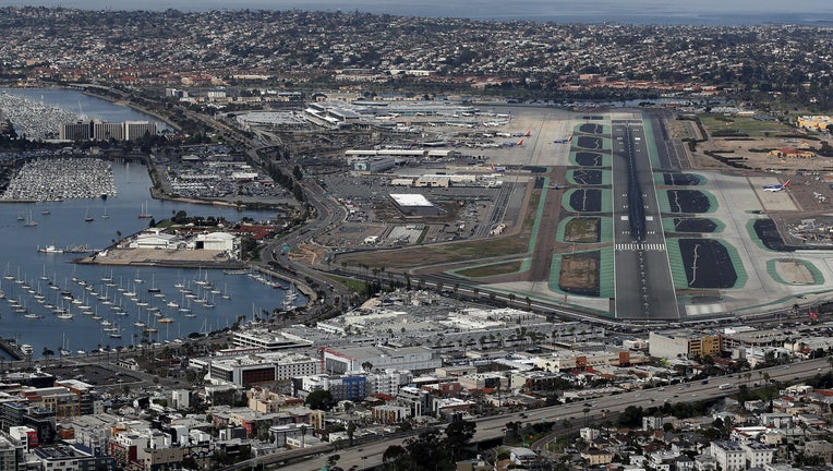 SAN DIEGO, CA - MARCH 20: Aerial view of the San Diego International Airport on March 20, 2020 in San Diego, California. Travel to San Diego has slowed dramatically due to the ongoing threat of the coronavirus (COVID-19) outbreak. (Photo by Sean M. Haffey/Getty Images)