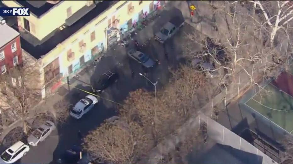A screengrab from footage captured by SkyFOX shows the aftermath of the shooting scene, which occurred shortly before 4:30 p.m. near the intersection of East 140th Street and Alexander Avenue in the Mott Haven section of the Bronx. (Credit: FOX 5 NY)