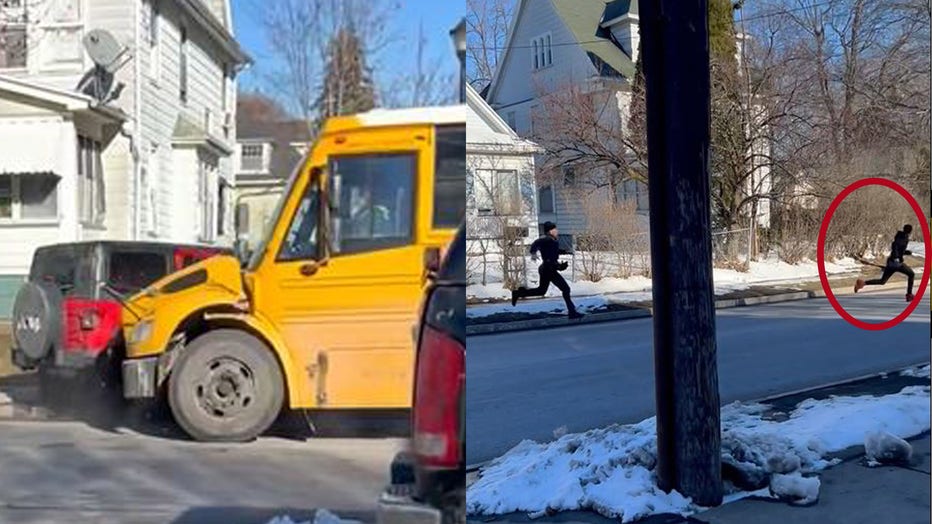 Screengrabs from a video show the stolen Jeep crashing into a school bus full of students, alongside one of the suspects running from police on March 15, 2023. ( Credit: Raymond Gonzalez via Storyful)