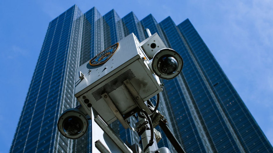 NYPD surveillance cameras placed outside Trump Tower on April 1, 2023, in New York City. (Photo by Kena Betancur/Getty Images)