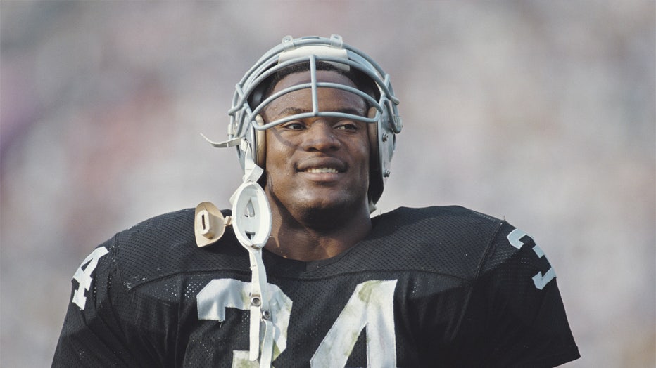 Bo Jackson #34, Full Back for the Los Angeles Raiders during the American Football Conference West game against the Kansas City Chiefs on 15 October 1989 at the Los Angeles Memorial Coliseum, Los Angeles, California, United States. The Raiders won the game 20 - 14. (Photo by Mike Powell/Allsport/Getty Images)