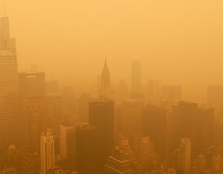 NEW YORK, NY - JUNE 7: Heavy smoke fills the air shrouding the view to the northeast to One Vanderbilt and the Chrysler Building from the 86th floor of the Empire State Building on June 7, 2023, in New York City. (Photo by Gary Hershorn/Getty Images)